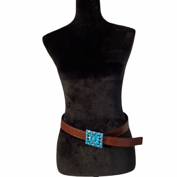 Bonded Brown Leather Belt w/ Beautiful Faux Turquoise Buckle. - Picture 1 of 4